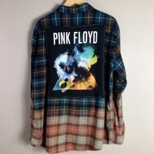 Upcycled Pink Floyd flannel ombre bleached reworked shirt Blue XL